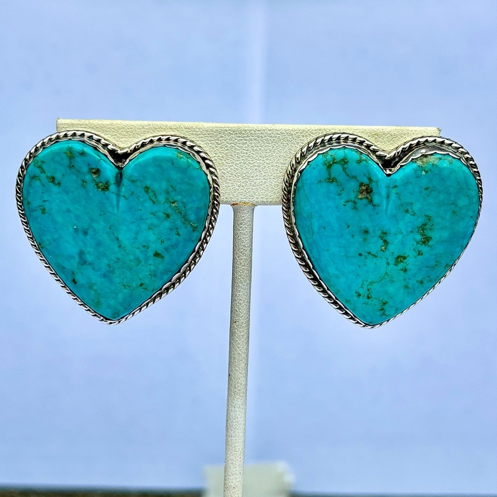 JOAN SLIFKA Large Sterling And Turquoise Heart Clip Earrings